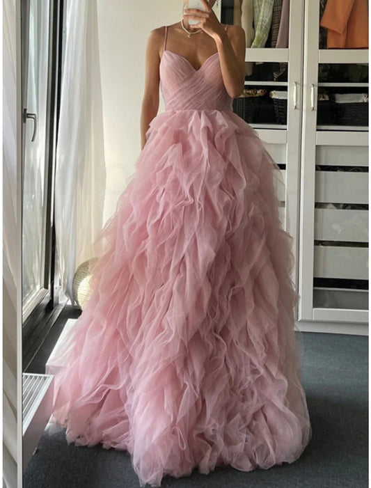 NumberSea - A - Line Prom Dresses Elegant Dress Formal Floor Length Sleeveless Spaghetti Strap Tulle with Pleats Ruffles