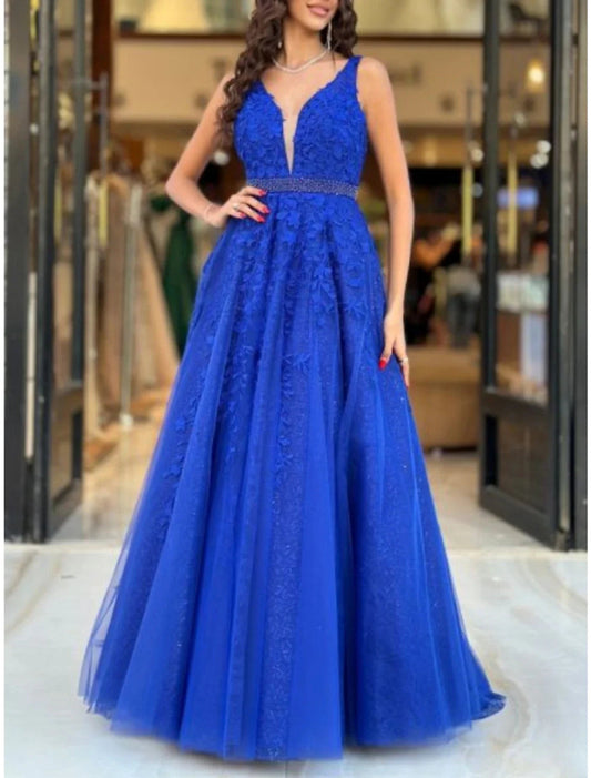 NumberSea - A - Line Prom Dresses Elegant Dress Formal Floor Length Sleeveless V Neck Tulle with Pleats Sequin Appliques