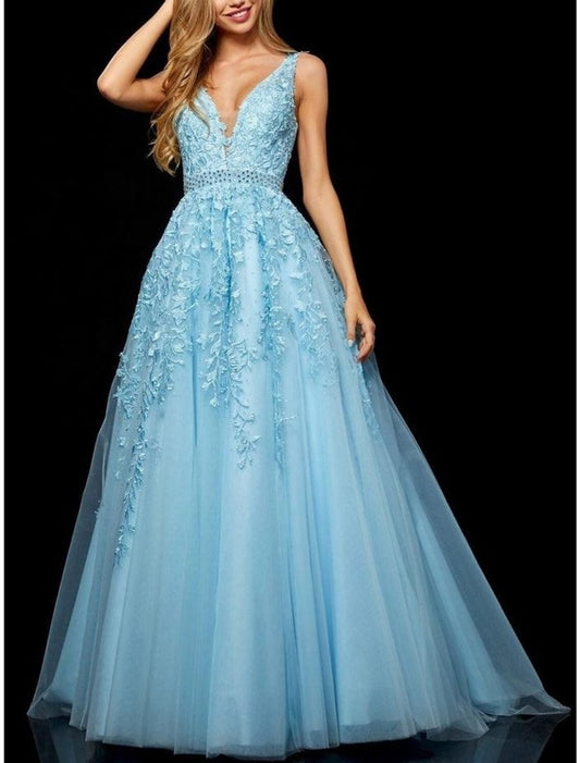 NumberSea - A - Line Prom Dresses Elegant Dress Formal Prom Floor Length Sleeveless V Neck Tulle with Beading Embroidery Appliques