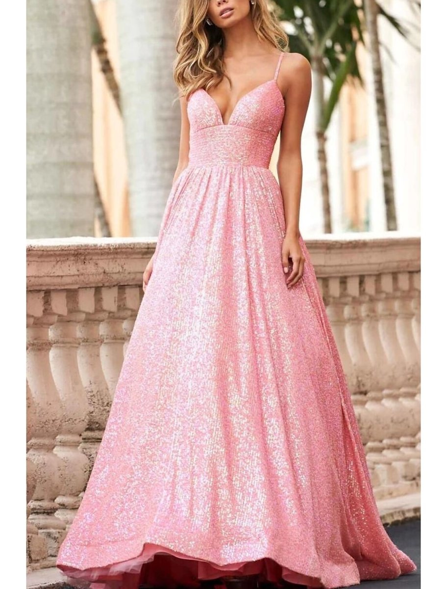 NumberSea - A - Line Prom Dresses Elegant Dress Formal Prom Sweep / Brush Train Sleeveless Spaghetti Strap Tulle with Sequin