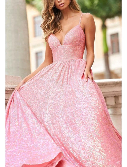 NumberSea - A - Line Prom Dresses Elegant Dress Formal Prom Sweep / Brush Train Sleeveless Spaghetti Strap Tulle with Sequin