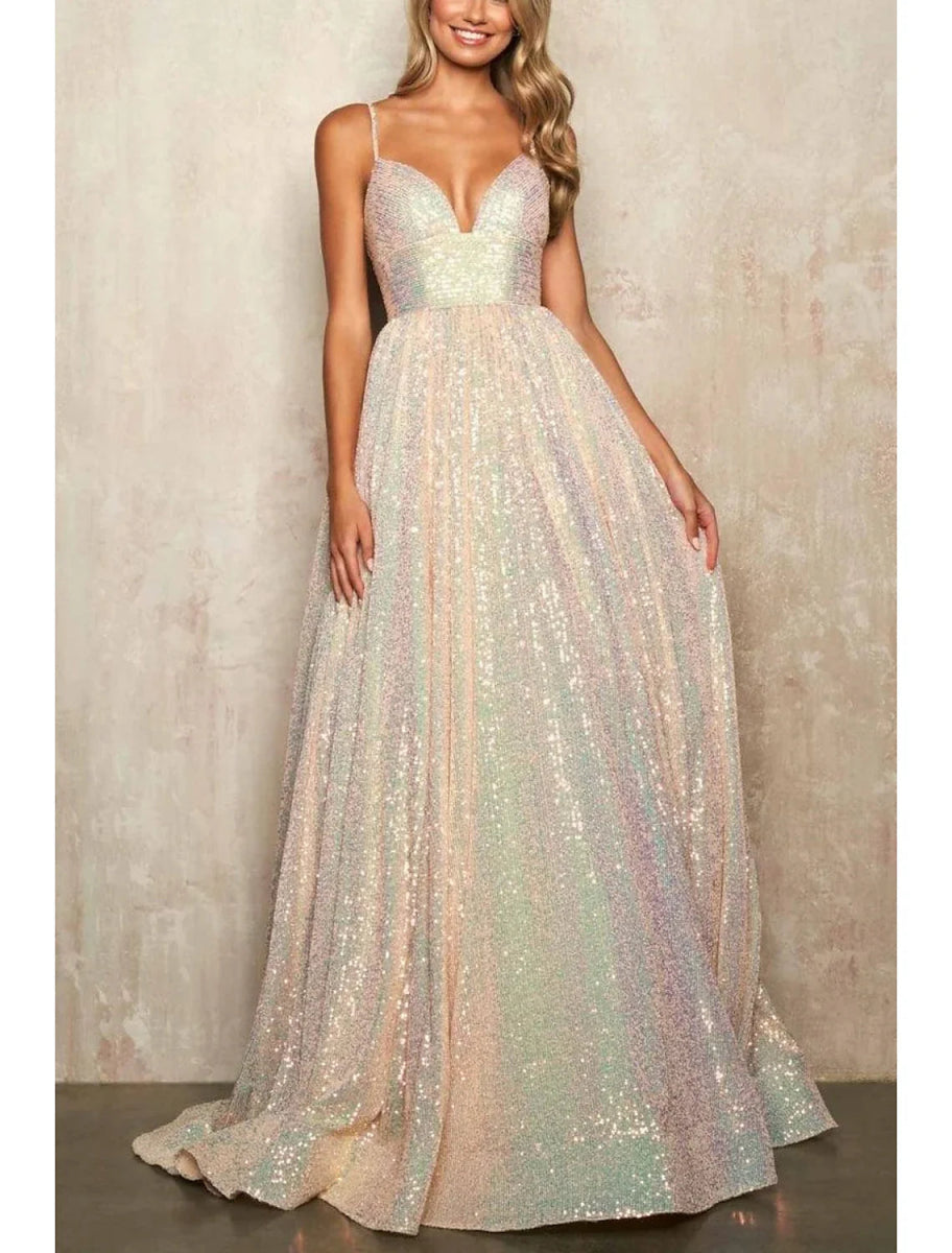 NumberSea - A - Line Prom Dresses Elegant Dress Formal Prom Sweep / Brush Train Sleeveless Spaghetti Strap Tulle with Sequin