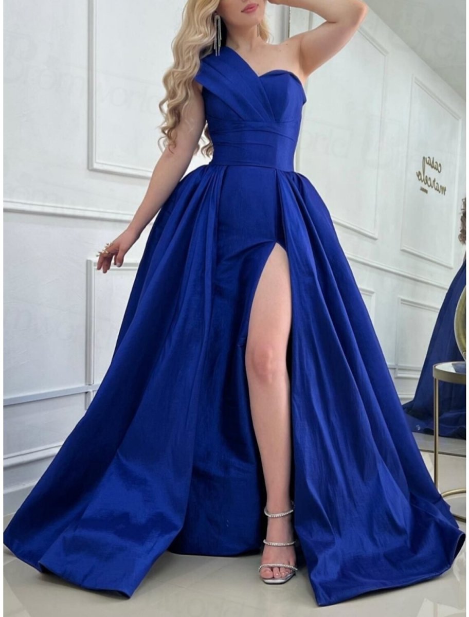 NumberSea - A - Line Prom Dresses Elegant Dress Formal Sweep / Brush Train Sleeveless One Shoulder Satin with Pleats SlitA - Line Prom Dresses Elegant Dress Formal Sweep / Brush Train Sleeveless One Shoulder Satin with Pleats Slit