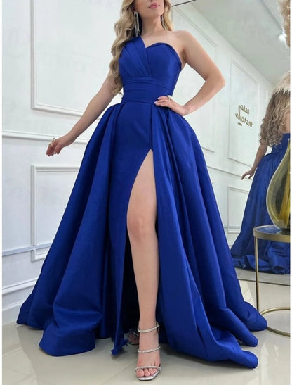 NumberSea - A - Line Prom Dresses Elegant Dress Formal Sweep / Brush Train Sleeveless One Shoulder Satin with Pleats SlitA - Line Prom Dresses Elegant Dress Formal Sweep / Brush Train Sleeveless One Shoulder Satin with Pleats Slit