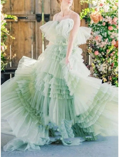 NumberSea - A - Line Prom Dresses Elegant Dress Formal Sweep / Brush Train Sleeveless Strapless Tulle with Pleats Ruffles