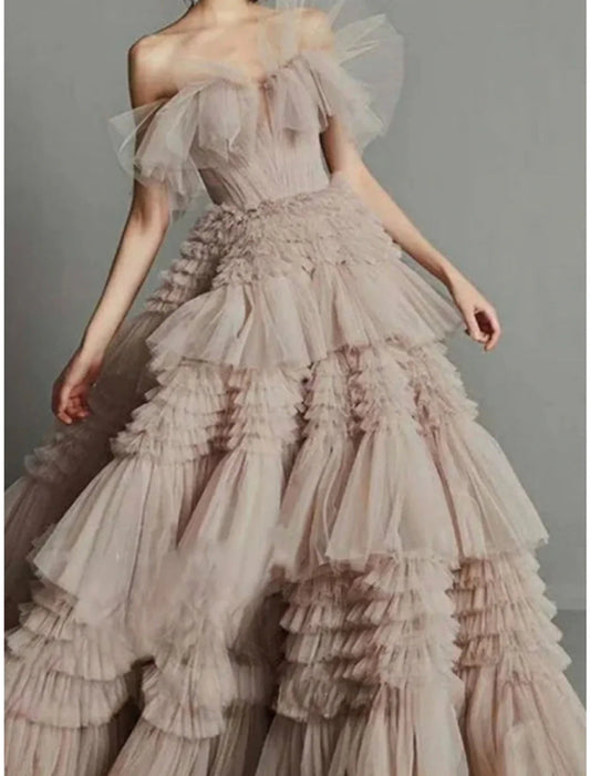 NumberSea - A - Line Prom Dresses Elegant Dress Formal Sweep / Brush Train Sleeveless Strapless Tulle with Pleats Ruffles