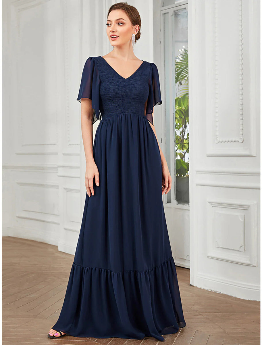 NumberSea - A - Line Prom Dresses Elegant Dress Party Wear Wedding Guest Floor Length Short Sleeve V Neck Chiffon with Pleats