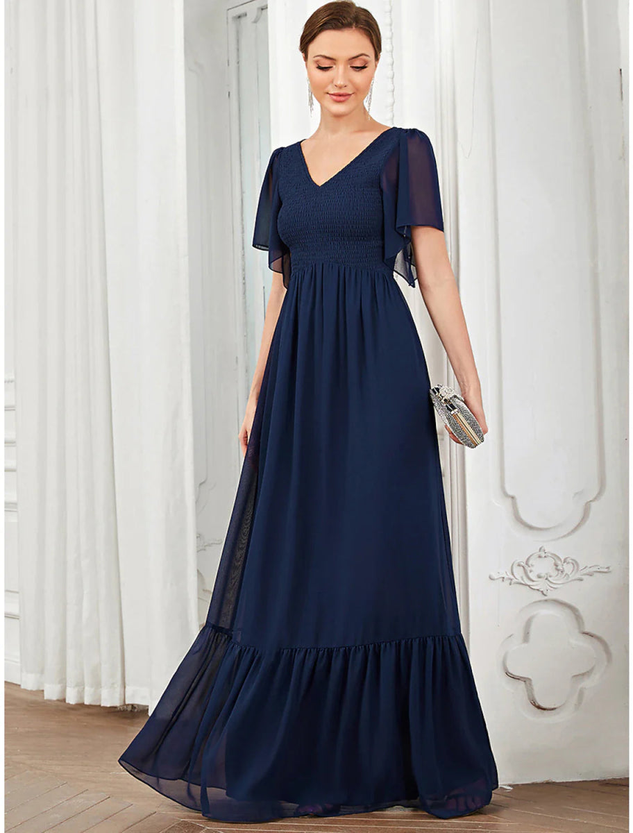 NumberSea - A - Line Prom Dresses Elegant Dress Party Wear Wedding Guest Floor Length Short Sleeve V Neck Chiffon with Pleats