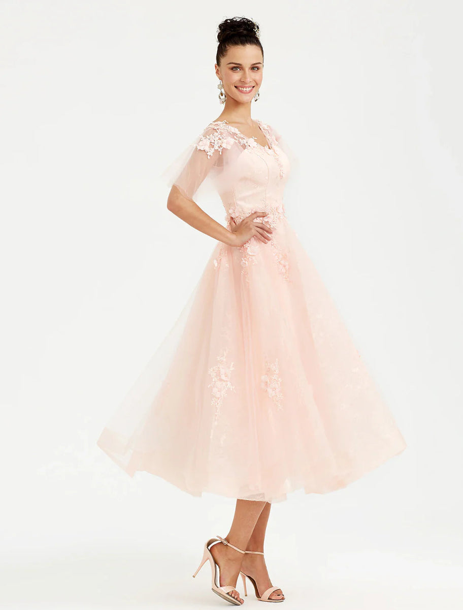 NumberSea - A - Line Prom Dresses Elegant Dress Wedding Guest Cocktail Party Tea Length Short Sleeve V Neck Tulle with Appliques