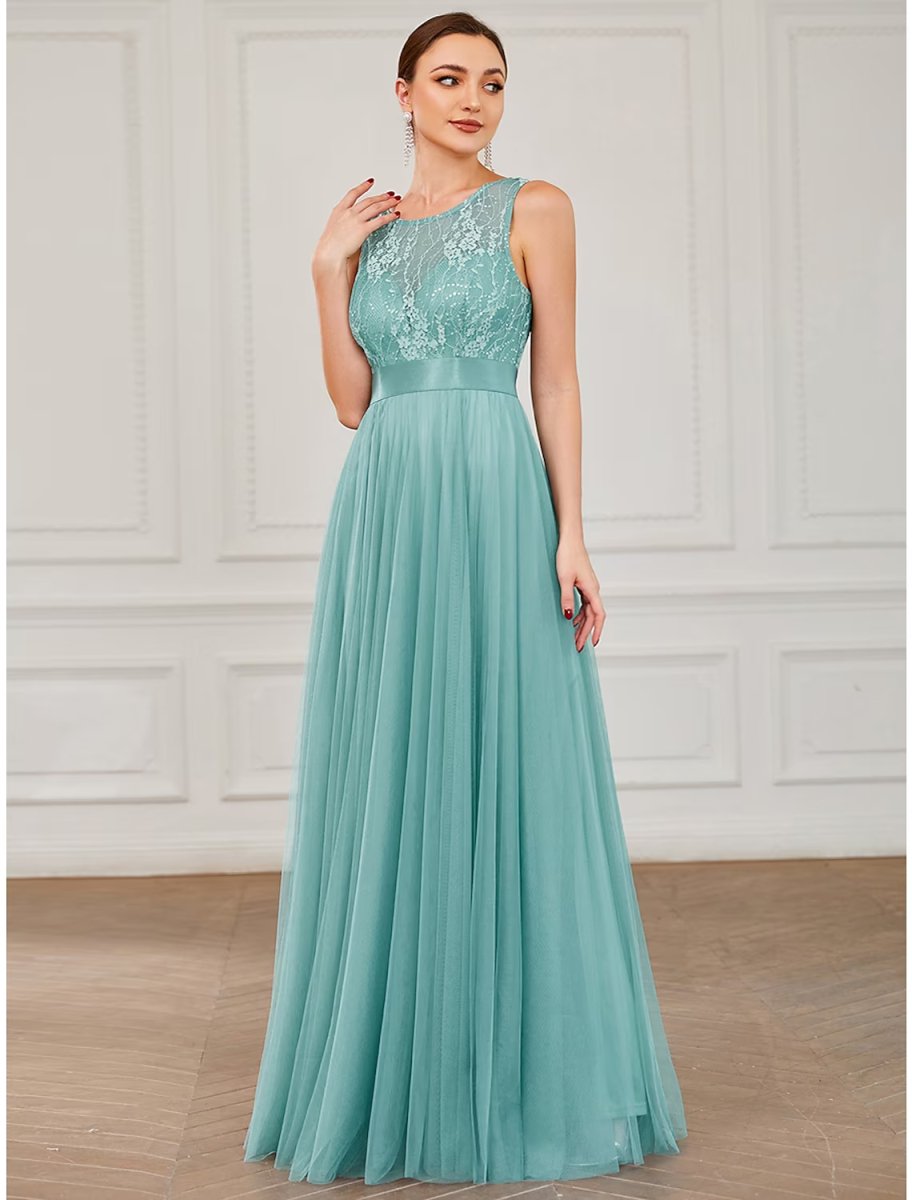 NumberSea - A - Line Prom Dresses Elegant Dress Wedding Guest Floor Length Sleeveless Jewel Neck Tulle with Sequin Pure Color