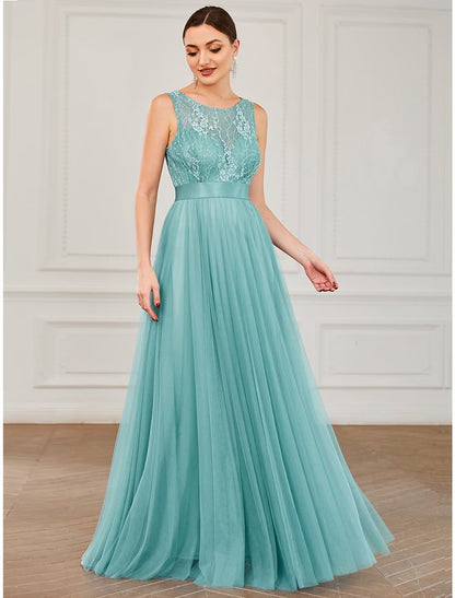 NumberSea - A - Line Prom Dresses Elegant Dress Wedding Guest Floor Length Sleeveless Jewel Neck Tulle with Sequin Pure Color