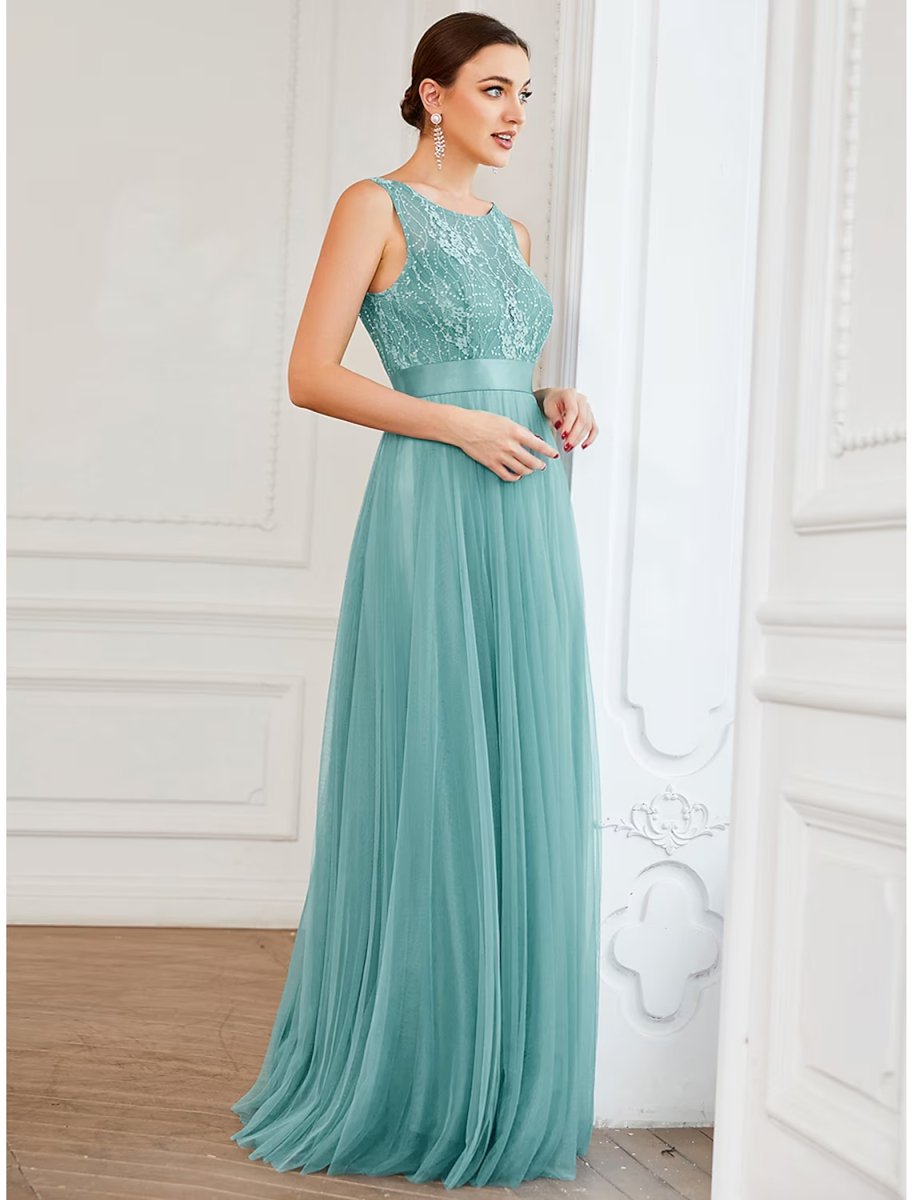 NumberSea - A - Line Prom Dresses Elegant Dress Wedding Guest Floor Length Sleeveless Jewel Neck Tulle with Sequin Pure Color