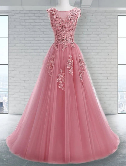 NumberSea - A - Line Prom Dresses Elegant Dress Wedding Guest Sweep / Brush Train Sleeveless Jewel Neck Tulle with Appliques