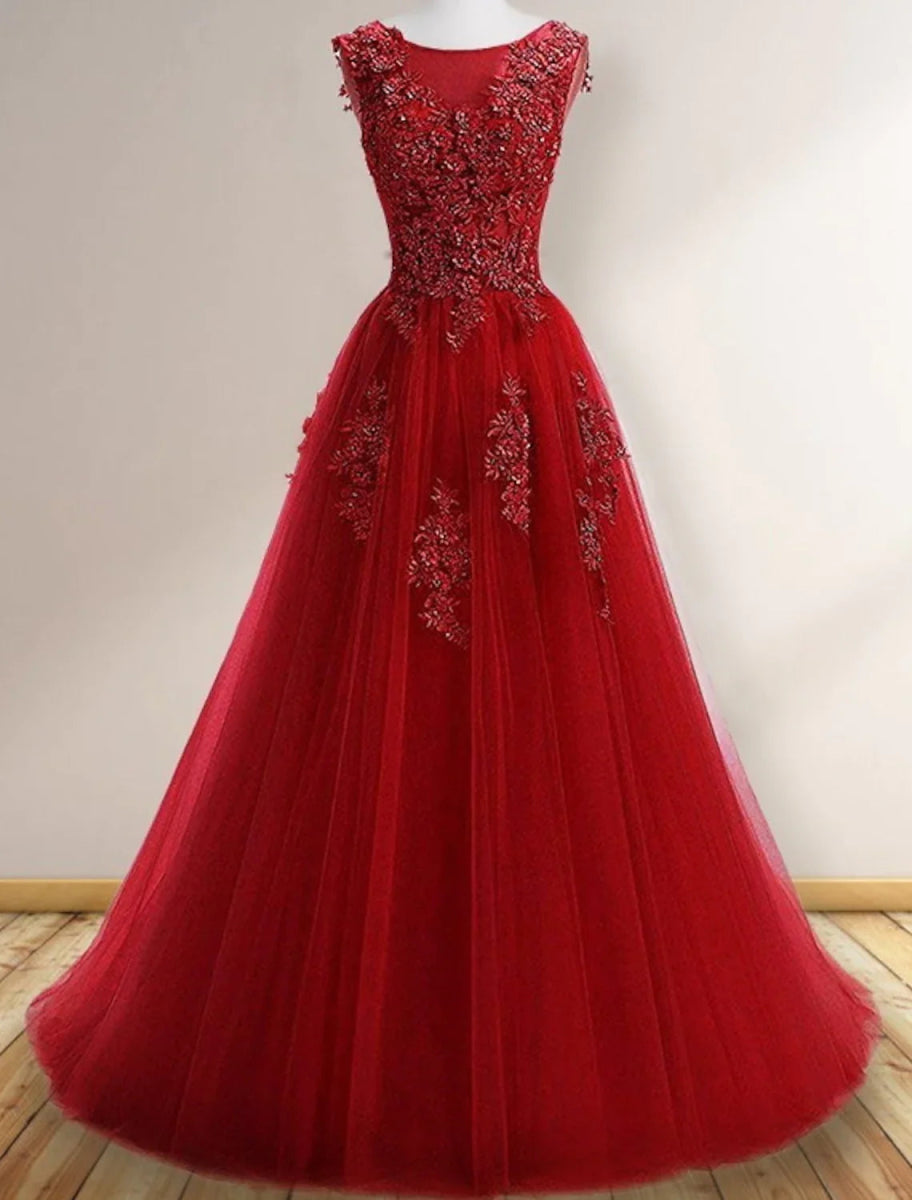 NumberSea - A - Line Prom Dresses Elegant Dress Wedding Guest Sweep / Brush Train Sleeveless Jewel Neck Tulle with Appliques