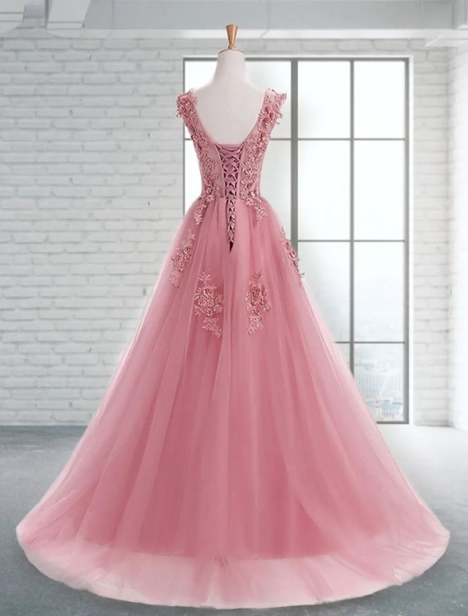 NumberSea - A - Line Prom Dresses Elegant Dress Wedding Guest Sweep / Brush Train Sleeveless Jewel Neck Tulle with Appliques