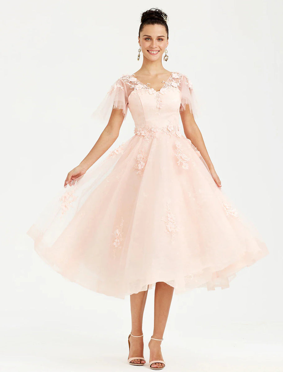 NumberSea - A - Line Prom Dresses Elegant Dress Wedding Guest Tea Length Short Sleeve V Neck Tulle with Appliques