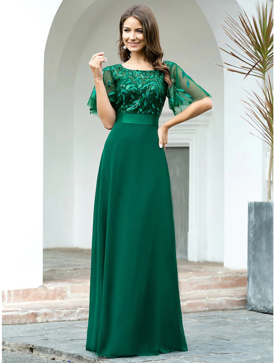 NumberSea - A - Line Prom Dresses Empire Dress Evening Party Floor Length Short Sleeve Jewel Neck Chiffon V Back with Sequin