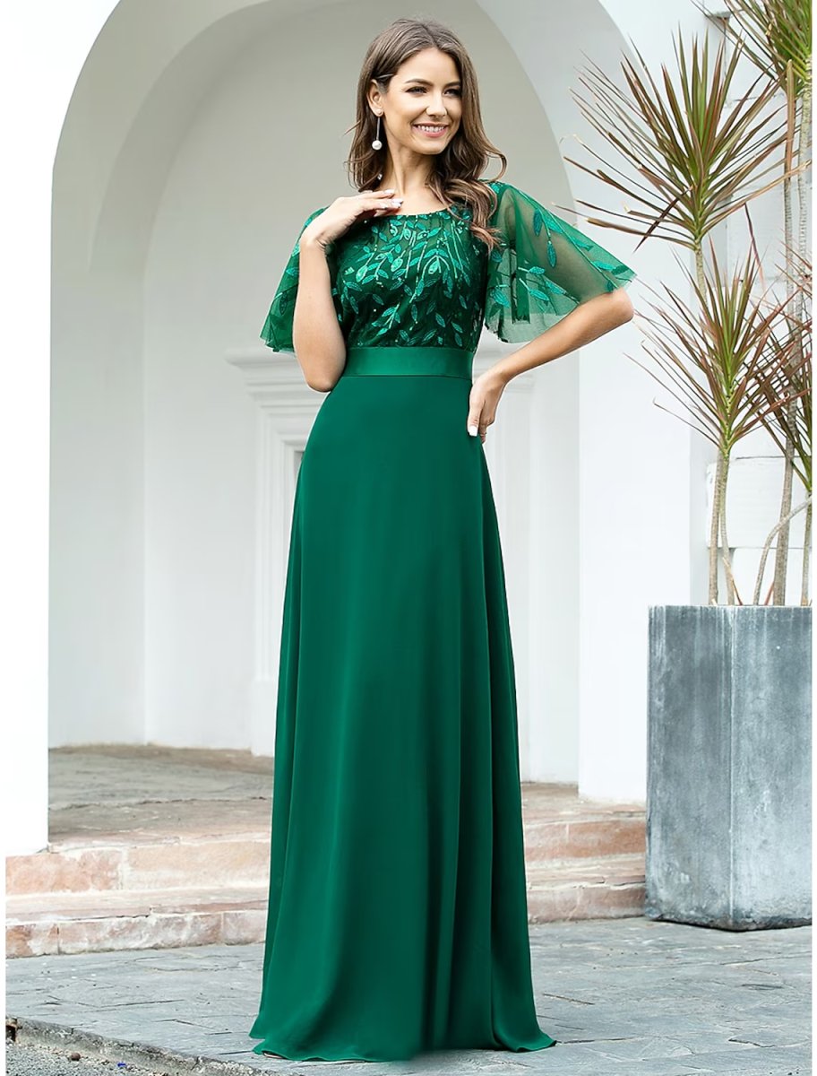 NumberSea - A - Line Prom Dresses Empire Dress Evening Party Floor Length Short Sleeve Jewel Neck Chiffon V Back with Sequin