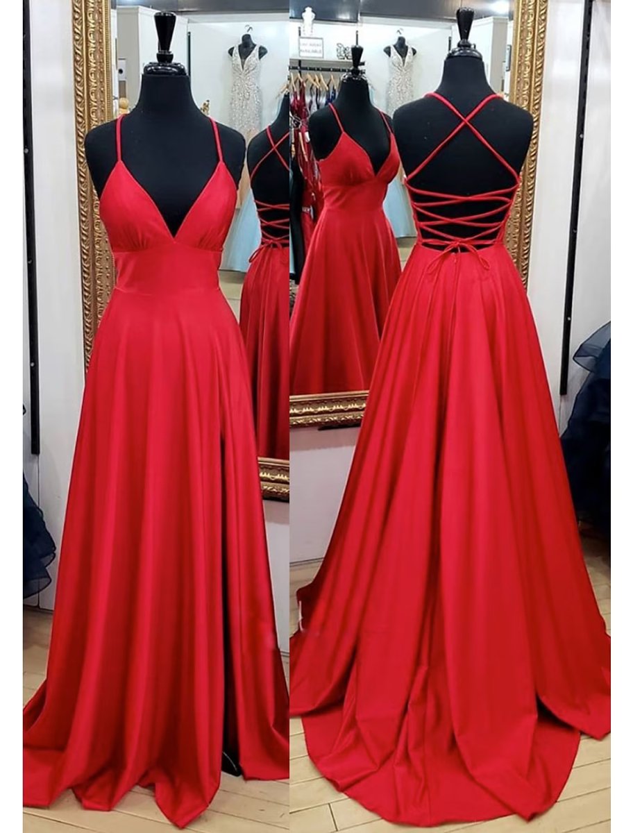 NumberSea - A - Line Prom Dresses Empire Dress Formal Court Train Sleeveless V Neck Charmeuse Backless with Pleats Slit