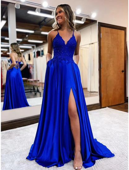 NumberSea - A - Line Prom Dresses Empire Dress Formal Court Train Sleeveless V Neck Satin Backless with Beading Appliques