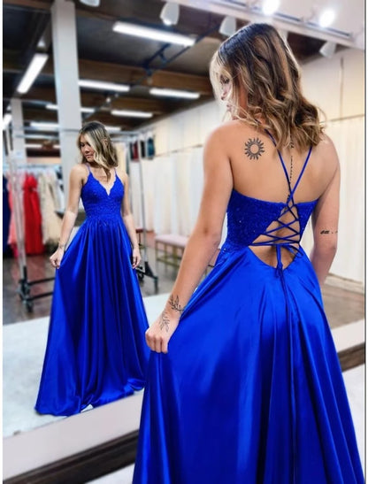 NumberSea - A - Line Prom Dresses Empire Dress Formal Court Train Sleeveless V Neck Satin Backless with Beading Appliques