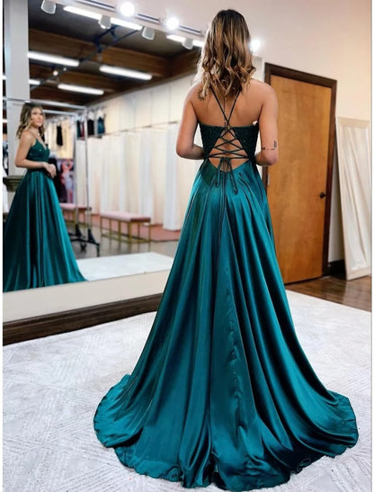 NumberSea - A - Line Prom Dresses Empire Dress Formal Court Train Sleeveless V Neck Satin Backless with Beading Appliques