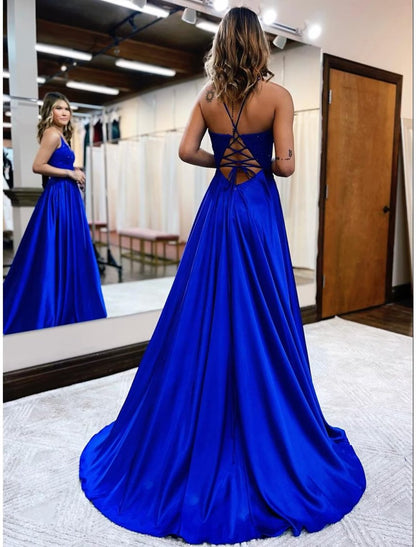 NumberSea - A - Line Prom Dresses Empire Dress Formal Court Train Sleeveless V Neck Satin Backless with Beading Appliques