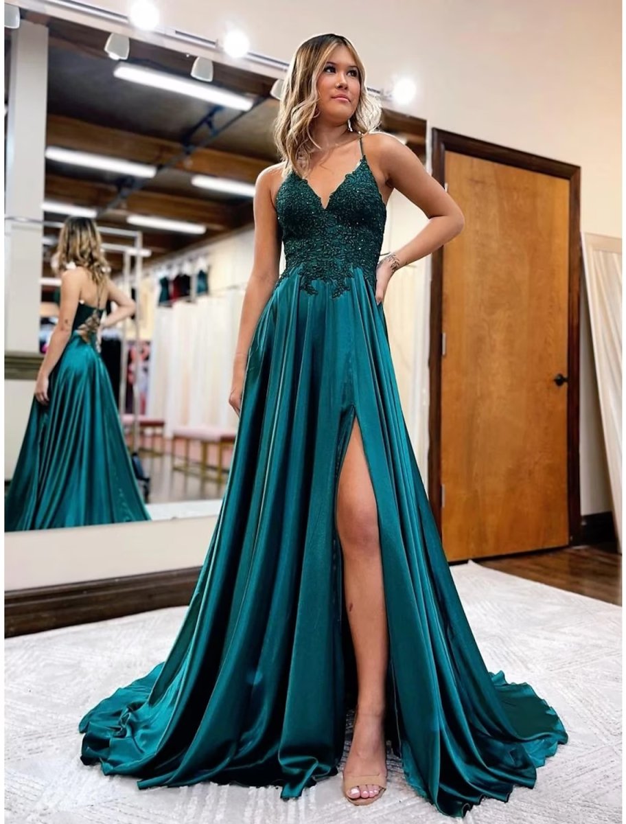 NumberSea - A - Line Prom Dresses Empire Dress Formal Court Train Sleeveless V Neck Satin Backless with Beading Appliques