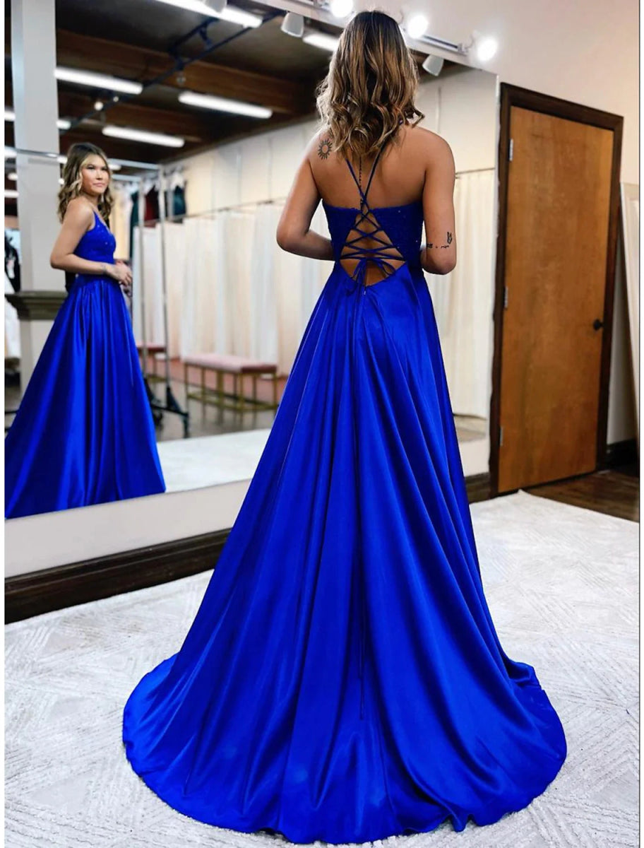 NumberSea - A - Line Prom Dresses Empire Dress Formal Wedding Guest Court Train Sleeveless V Neck Satin Backless with Beading Appliques