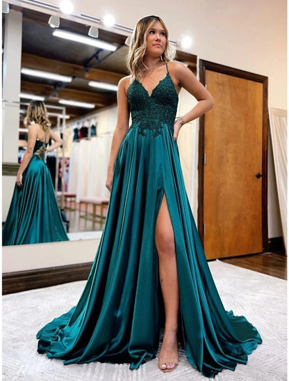 NumberSea - A - Line Prom Dresses Empire Dress Formal Wedding Guest Court Train Sleeveless V Neck Satin Backless with Beading Appliques