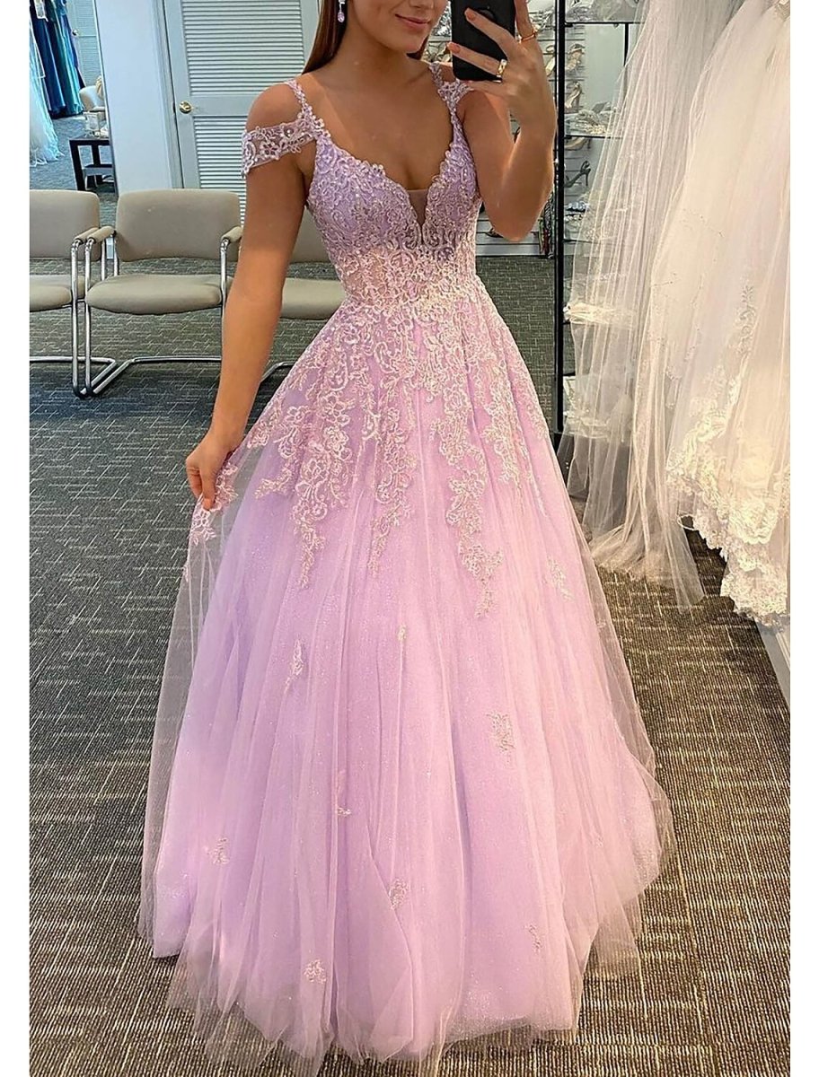 NumberSea - A - Line Prom Dresses Empire Dress Formal Wedding Guest Floor Length Sleeveless V Neck Tulle Backless with Pleats Appliques