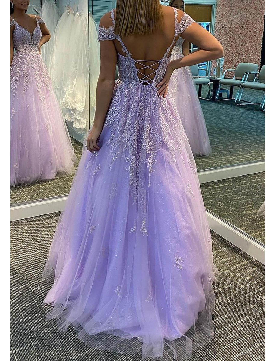 NumberSea - A - Line Prom Dresses Empire Dress Formal Wedding Guest Floor Length Sleeveless V Neck Tulle Backless with Pleats Appliques