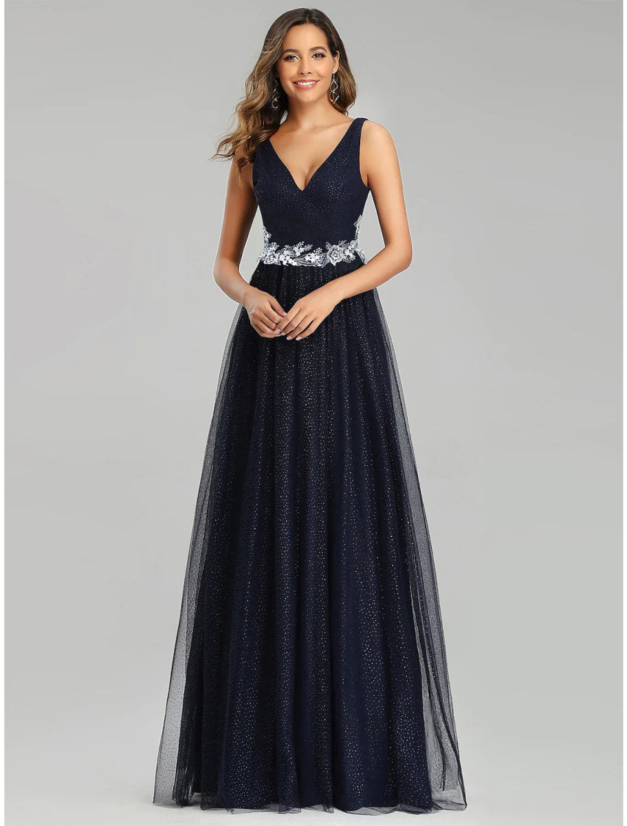 NumberSea - A - Line Prom Dresses Empire Dress Wedding Guest Floor Length Sleeveless V Neck Tulle with Sequin Appliques