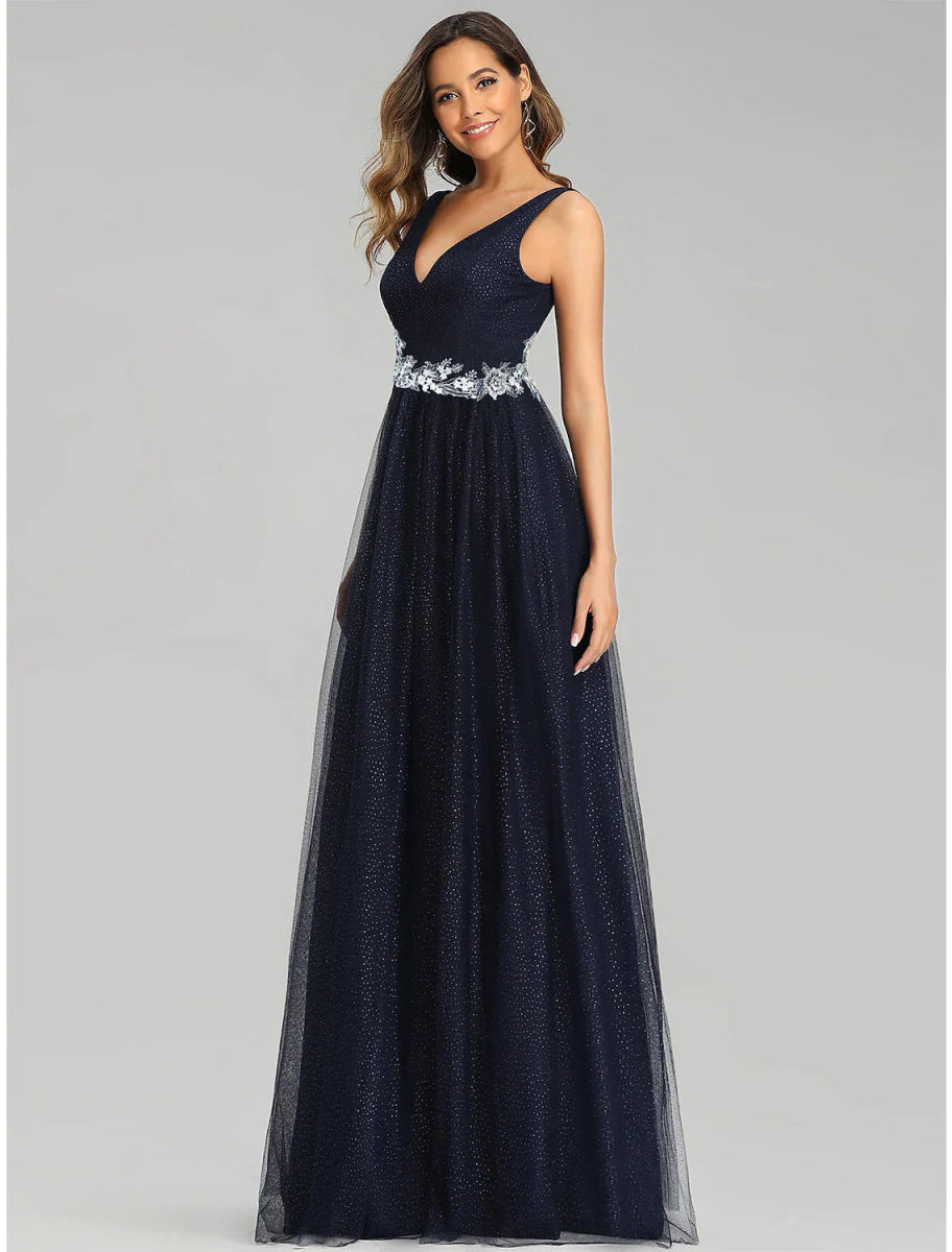 NumberSea - A - Line Prom Dresses Empire Dress Wedding Guest Floor Length Sleeveless V Neck Tulle with Sequin Appliques