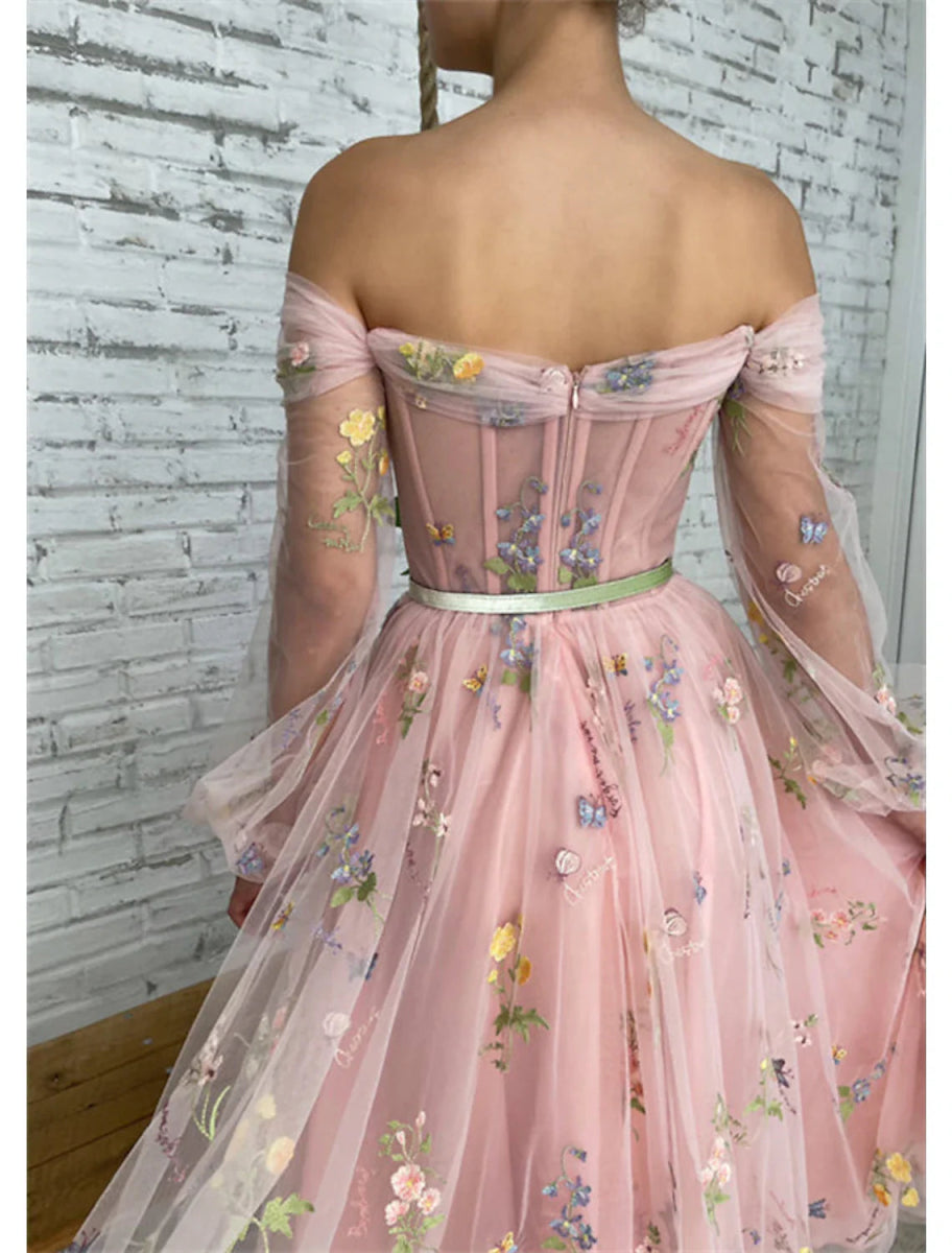 NumberSea - A - Line Prom Dresses Floral Dress Birthday Garden Party Ankle Length Long Sleeve Off Shoulder Fall Wedding Guest Lace with Embroidery Appliques