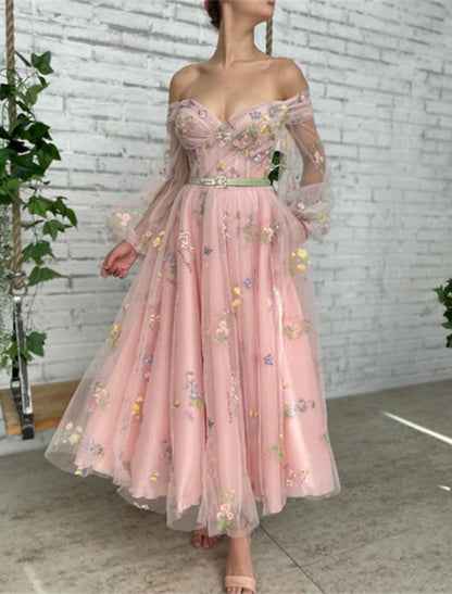 NumberSea - A - Line Prom Dresses Floral Dress Birthday Garden Party Ankle Length Long Sleeve Off Shoulder Fall Wedding Guest Lace with Embroidery Appliques