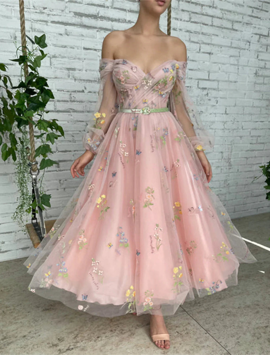 NumberSea - A - Line Prom Dresses Floral Dress Birthday Garden Party Ankle Length Long Sleeve Off Shoulder Fall Wedding Guest Lace with Embroidery Appliques