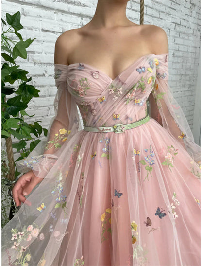 NumberSea - A - Line Prom Dresses Floral Dress Birthday Garden Party Ankle Length Long Sleeve Off Shoulder Fall Wedding Guest Lace with Embroidery Appliques