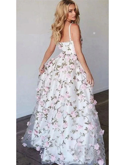 NumberSea - A - Line Prom Dresses Floral Dress Formal Wedding Party Floor Length Sleeveless V Neck Lace with Floral Print