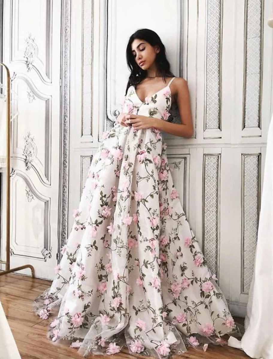 NumberSea - A - Line Prom Dresses Floral Dress Formal Wedding Party Floor Length Sleeveless V Neck Lace with Floral Print