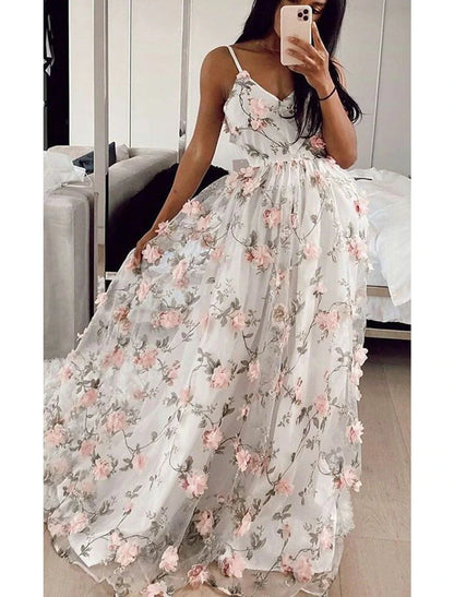 NumberSea - A - Line Prom Dresses Floral Dress Formal Wedding Party Floor Length Sleeveless V Neck Lace with Floral Print