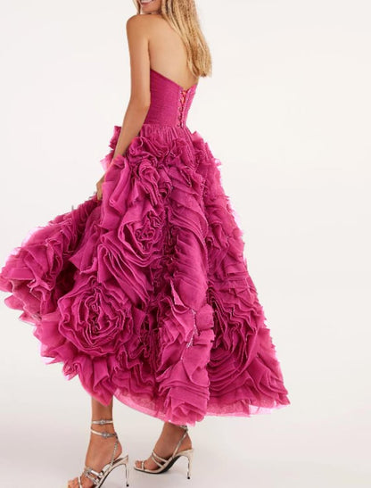 NumberSea - A - Line Prom Dresses Floral Dress Masquerade Ankle Length Sleeveless Strapless Tulle Backless with Floral