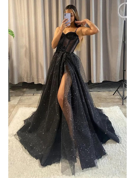 NumberSea - A - Line Prom Dresses Glitter Formal Gothic Dress Graduation Floor Length Sleeveless Sweetheart Spaghetti Tulle with Slit