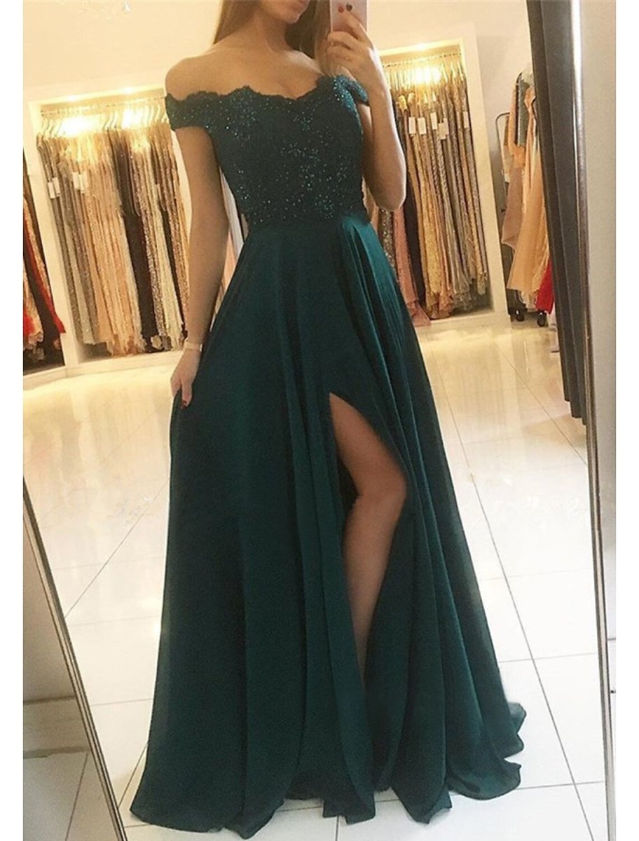 NumberSea - A - Line Prom Dresses Glittering Dress Formal Floor Length Sleeveless Off Shoulder Chiffon Backless with Pleats Slit