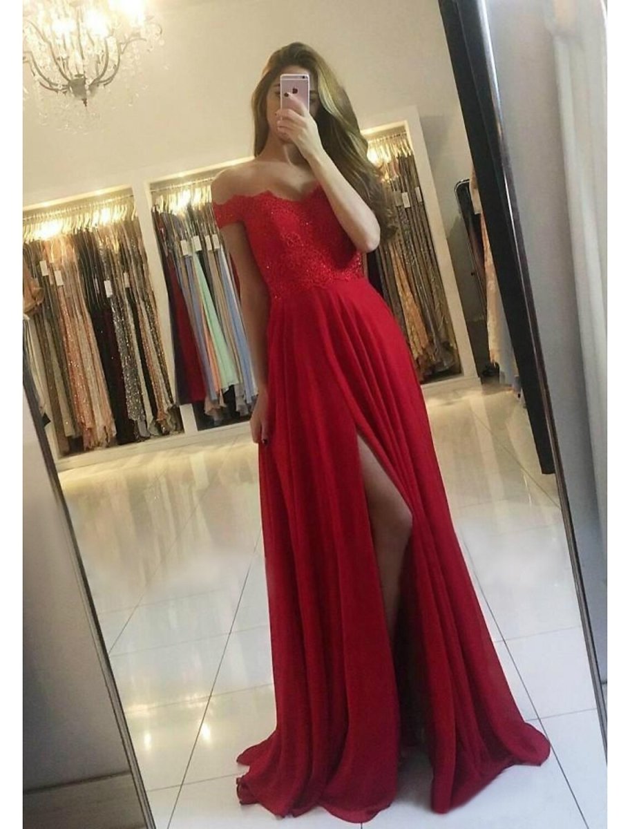 NumberSea - A - Line Prom Dresses Glittering Dress Formal Floor Length Sleeveless Off Shoulder Chiffon Backless with Pleats Slit