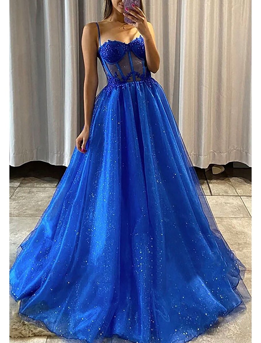 NumberSea - A - Line Prom Dresses Glittering Dress Formal Wedding Party Floor Length Sleeveless Spaghetti Strap Tulle Backless with Pleats Appliques