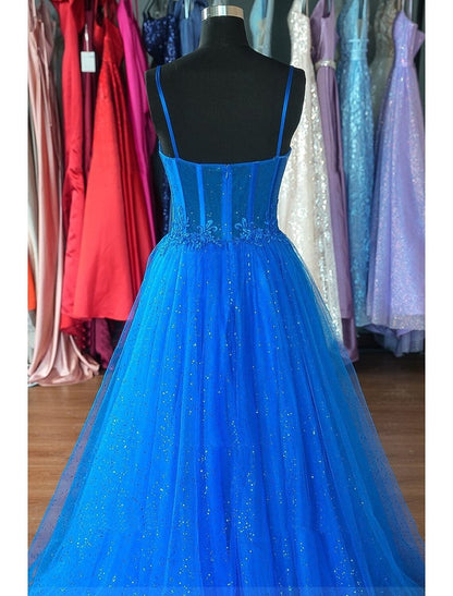 NumberSea - A - Line Prom Dresses Glittering Dress Formal Wedding Party Floor Length Sleeveless Spaghetti Strap Tulle Backless with Pleats Appliques