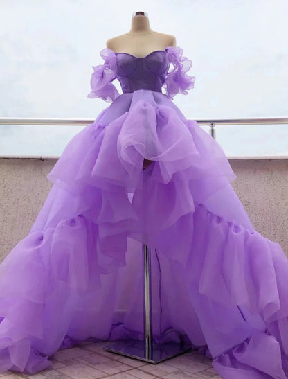 NumberSea - A - Line Prom Dresses High Low Dress Quinceanera Asymmetrical Purple Short Sleeve Off Shoulder Tulle with Tier