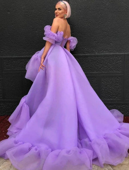 NumberSea - A - Line Prom Dresses High Low Dress Quinceanera Asymmetrical Purple Short Sleeve Off Shoulder Tulle with Tier