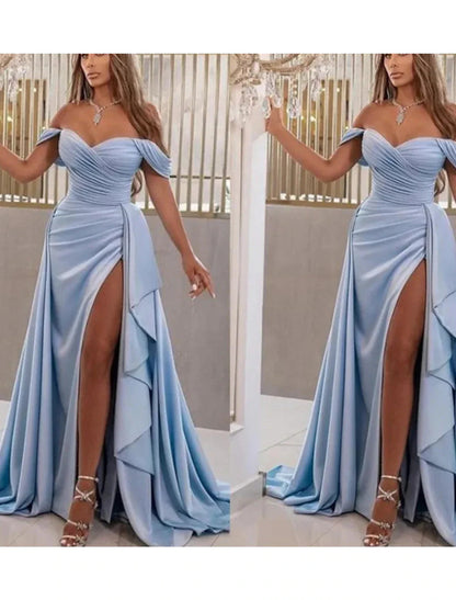 NumberSea - A - Line Prom Dresses High Split Dress Wedding Guest Prom Sweep / Brush Train Sleeveless Sweetheart Satin with Slit